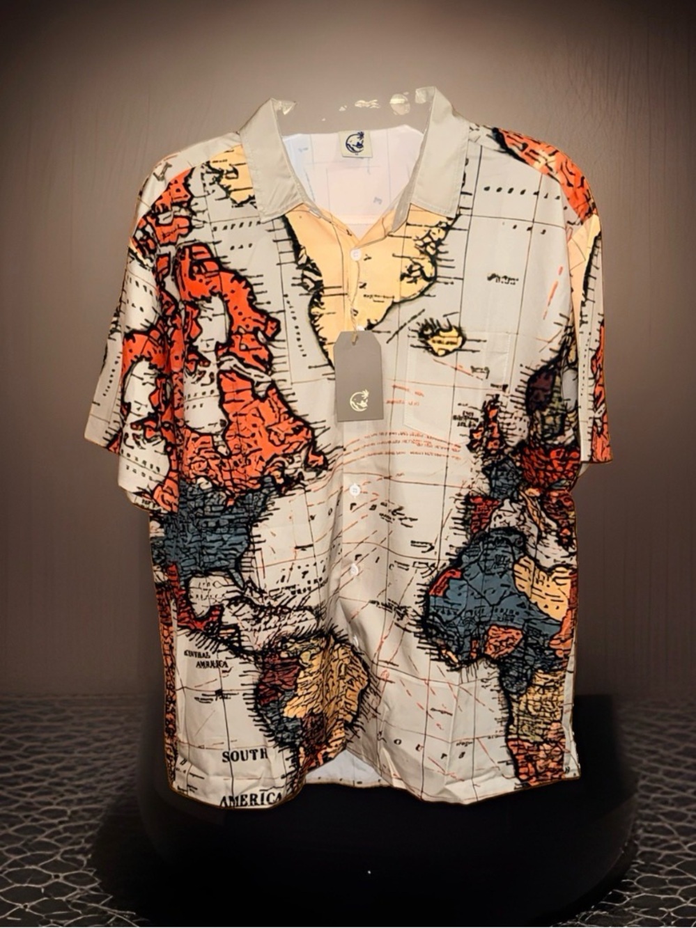 NWT ALOHA Collection Map-Print Short Sleeve Shirt - Cream, Orange, Blue-M